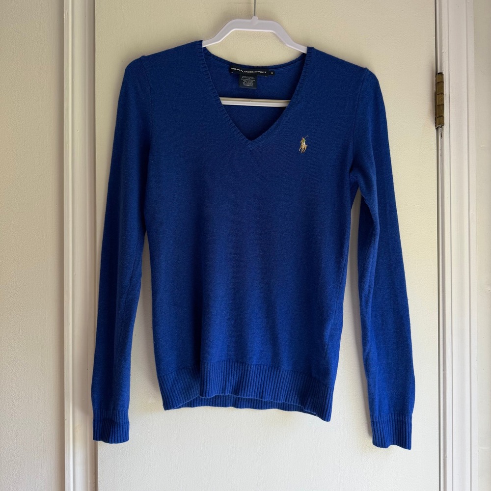 Ralph Lauren Sport Royal Blue Merino Wool Cashmere V-Neck Sweater Womens Medium